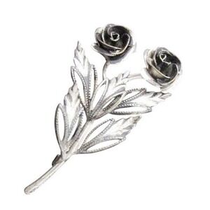 Vintage Pretty Signed Spain‎ Rose Flowers Silver Toned Figural Brooch Pin